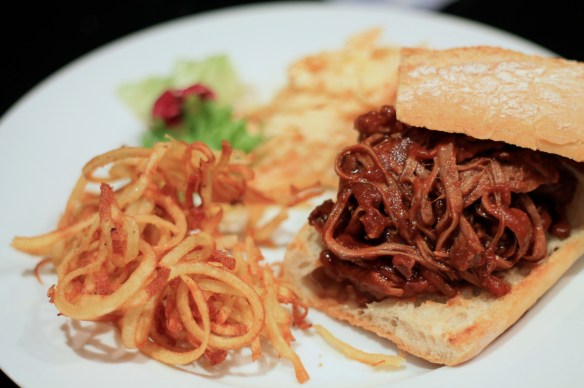 Pulled beef sandwich and fries