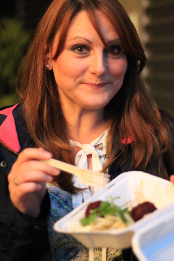 Helen enjoying beetroot falafel. I think I suprised her...
