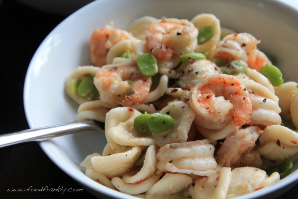 Orecchiette with prawns, chilli and broad beans