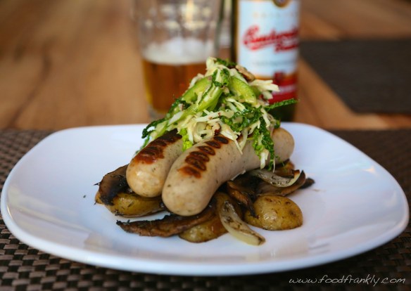Bratwurst, green slaw and mushroom hash