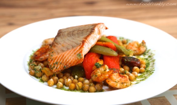 Salmon, chickpeas, basil oil, roast peppers