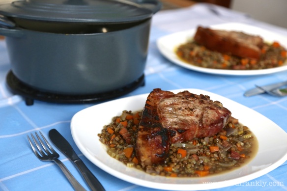 Pork chops, lentils and pancetta